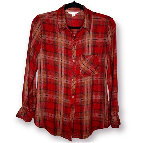 Beach Lunch Lounge Red Plaid Soft Comfy Cozy Rayon Plaid Button Down Flannel XS - Picture 1 of 9